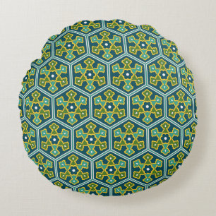 Oosters Blauw Geel Groen Ottomaans Turks Hexagon Rond Kussen