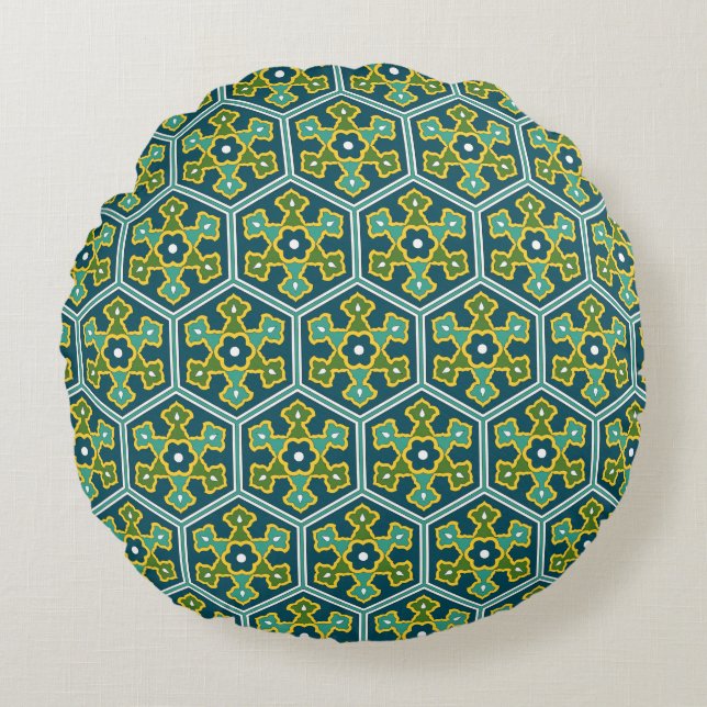 Oosters Blauw Geel Groen Ottomaans Turks Hexagon Rond Kussen (Voorkant)