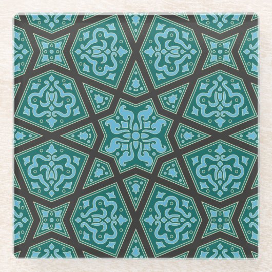 Oosters blauw grijs Arabisch Egypte geometrisch pa Glazen Onderzetter (Voorkant)