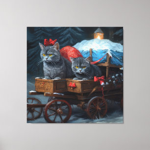 Oosters Blauw Kat Snowy Sleigh Kerst Decor Canvas Afdruk