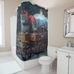 Oosters Blauw Kat Snowy Sleigh Kerst Decor Douchegordijn