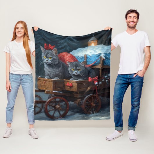 Oosters Blauw Kat Snowy Sleigh Kerst Decor Fleece Deken (In situ)