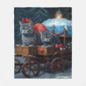 Oosters Blauw Kat Snowy Sleigh Kerst Decor Fleece Deken (Voorkant)