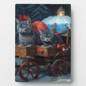 Oosters Blauw Kat Snowy Sleigh Kerst Decor Fotoplaat (voorkant)
