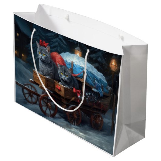 Oosters Blauw Kat Snowy Sleigh Kerst Decor Groot Cadeauzakje (Achterkant Gekanteld)