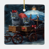 Oosters Blauw Kat Snowy Sleigh Kerst Decor Keramisch Ornament (Achterkant)