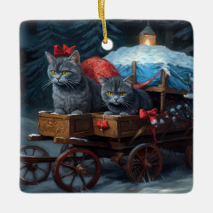 Oosters Blauw Kat Snowy Sleigh Kerst Decor Keramisch Ornament
