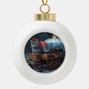 Oosters Blauw Kat Snowy Sleigh Kerst Decor Keramische Bal Ornament