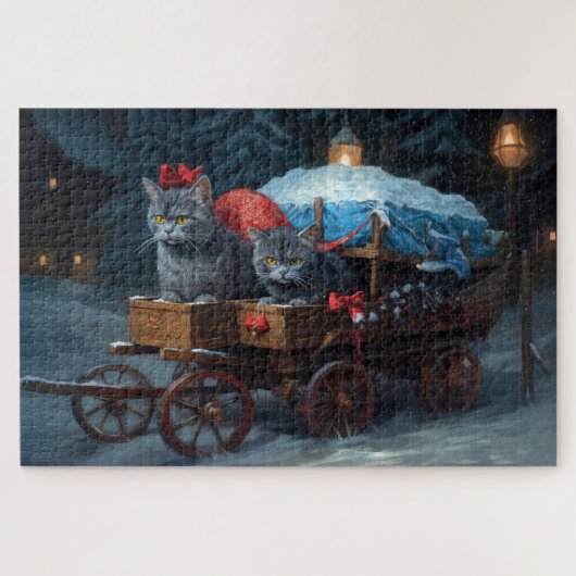Oosters Blauw Kat Snowy Sleigh Kerst Decor Legpuzzel (Horizontaal)