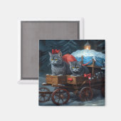 Oosters Blauw Kat Snowy Sleigh Kerst Decor Magneet (Voorkant / Achterkant)