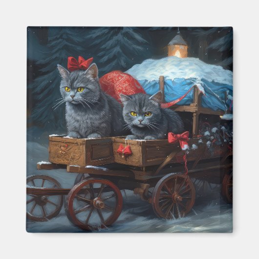 Oosters Blauw Kat Snowy Sleigh Kerst Decor Magneet (Voorkant)