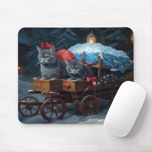 Oosters Blauw Kat Snowy Sleigh Kerst Decor Muismat (Met muis)