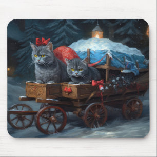Oosters Blauw Kat Snowy Sleigh Kerst Decor Muismat