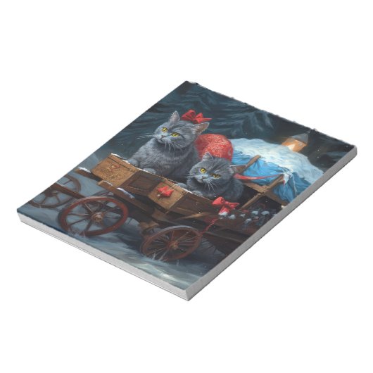 Oosters Blauw Kat Snowy Sleigh Kerst Decor Notitieblok (Linkerzijde)