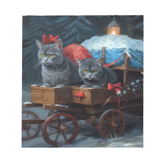 Oosters Blauw Kat Snowy Sleigh Kerst Decor Notitieblok (Voorkant)