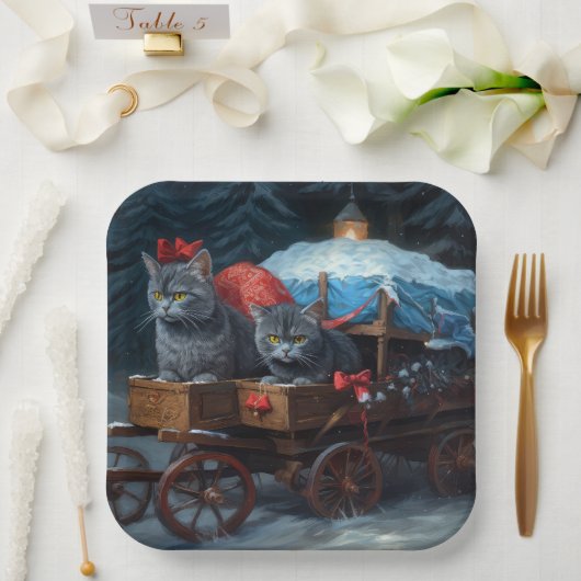 Oosters Blauw Kat Snowy Sleigh Kerst Decor Papieren Bordje (Huwelijk)