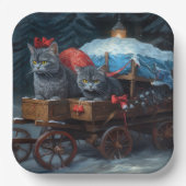 Oosters Blauw Kat Snowy Sleigh Kerst Decor Papieren Bordje (Voorkant)