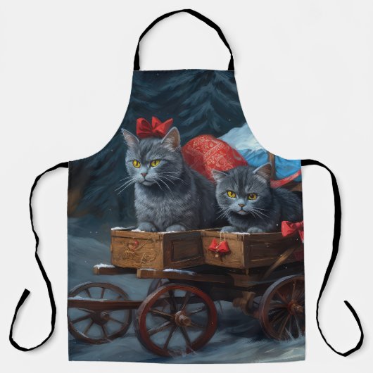 Oosters Blauw Kat Snowy Sleigh Kerst Decor Schort (Voorkant)