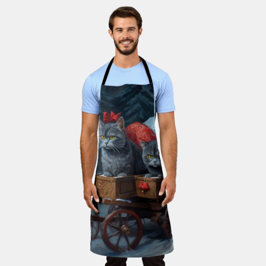 Oosters Blauw Kat Snowy Sleigh Kerst Decor Schort (Gedragen)