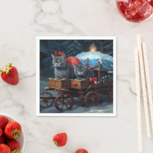 Oosters Blauw Kat Snowy Sleigh Kerst Decor Servet