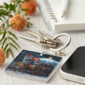 Oosters Blauw Kat Snowy Sleigh Kerst Decor Sleutelhanger (Voorkant Rechts)