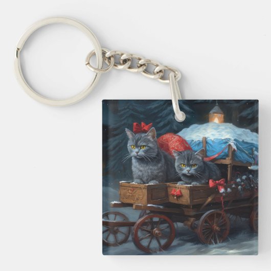 Oosters Blauw Kat Snowy Sleigh Kerst Decor Sleutelhanger (Voorkant)