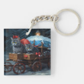 Oosters Blauw Kat Snowy Sleigh Kerst Decor Sleutelhanger (Achterkant)