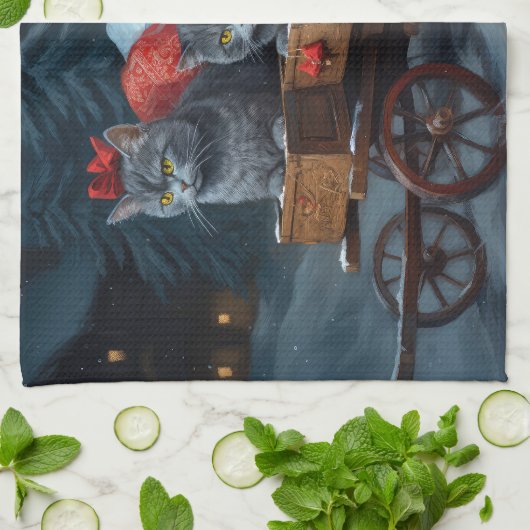 Oosters Blauw Kat Snowy Sleigh Kerst Decor Theedoek (Gevouwen)