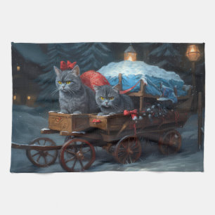 Oosters Blauw Kat Snowy Sleigh Kerst Decor Theedoek