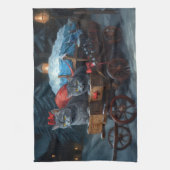 Oosters Blauw Kat Snowy Sleigh Kerst Decor Theedoek (Verticaal)