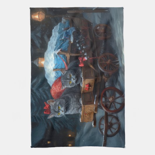 Oosters Blauw Kat Snowy Sleigh Kerst Decor Theedoek (Verticaal)