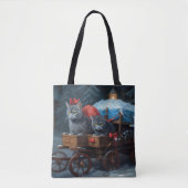 Oosters Blauw Kat Snowy Sleigh Kerst Decor Tote Bag (Voorkant)