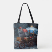Oosters Blauw Kat Snowy Sleigh Kerst Decor Tote Bag (Achterkant)
