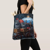 Oosters Blauw Kat Snowy Sleigh Kerst Decor Tote Bag (Dichtbij)