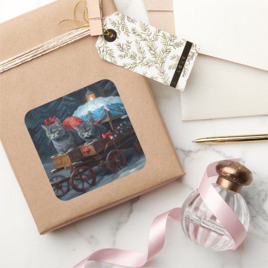 Oosters Blauw Kat Snowy Sleigh Kerst Decor Vierkante Sticker (Geschenken)