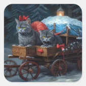 Oosters Blauw Kat Snowy Sleigh Kerst Decor Vierkante Sticker (Voorkant)