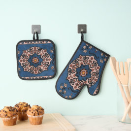 Oosters Blauw Perzisch Turks Tapijt Patroon Ovenwant & Pannenlap Set