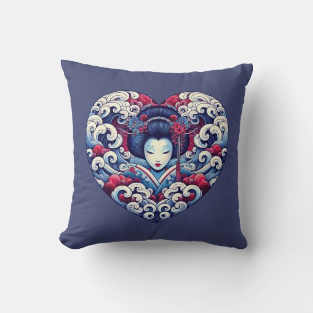 Oosters blauw violet abstract Geisha golven hart Kussen (Voorkant)