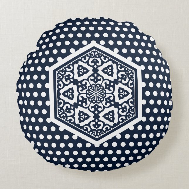 Oosters Blauw Wit Ottomaans Turks Tracery Art Rond Kussen (Voorkant)