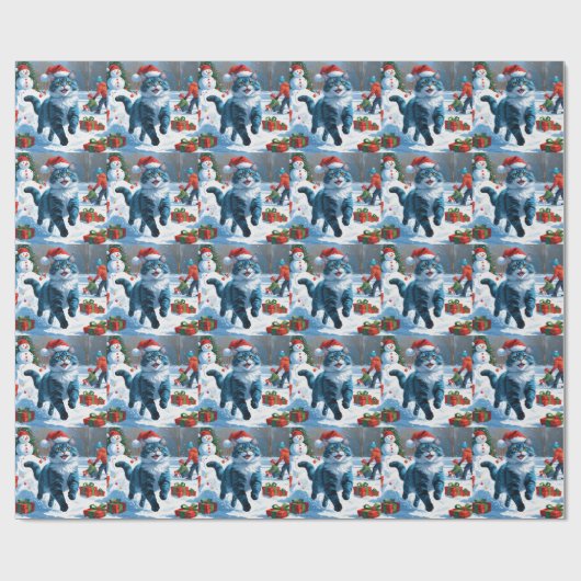Oosters Blauwe Kat Zittend In Sneeuwkerst Pet Cadeaupapier (Vlak)