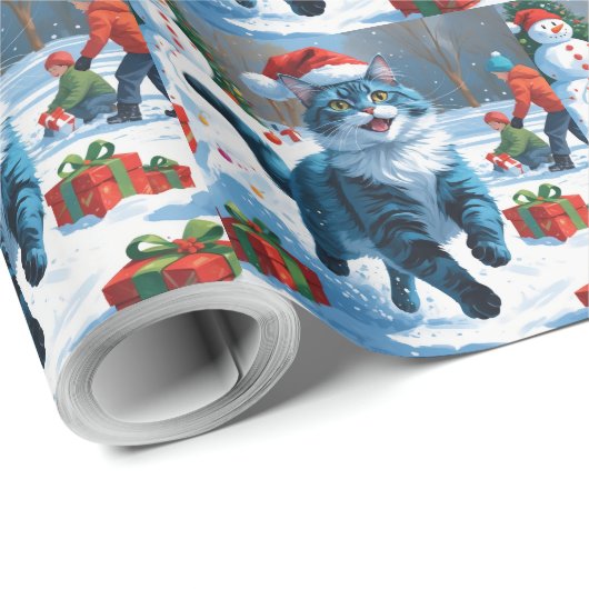 Oosters Blauwe Kat Zittend In Sneeuwkerst Pet Cadeaupapier (Rol Hoek)