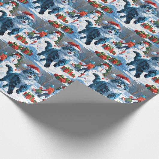 Oosters Blauwe Kat Zittend In Sneeuwkerst Pet Cadeaupapier (Hoek)