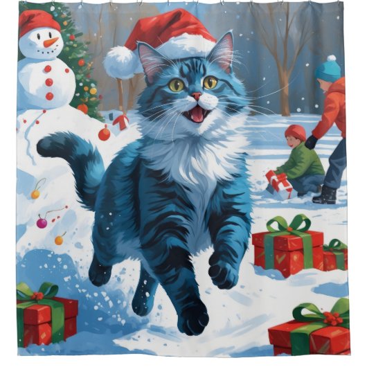 Oosters Blauwe Kat Zittend In Sneeuwkerst Pet Douchegordijn (Voorkant)