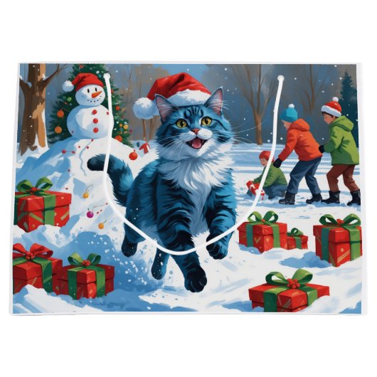 Oosters Blauwe Kat Zittend In Sneeuwkerst Pet Groot Cadeauzakje (Voorkant)