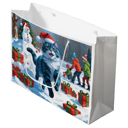 Oosters Blauwe Kat Zittend In Sneeuwkerst Pet Groot Cadeauzakje (Voorkant Gekanteld)