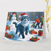 Oosters Blauwe Kat Zittend In Sneeuwkerst Pet Kaart (Gele Bloem)