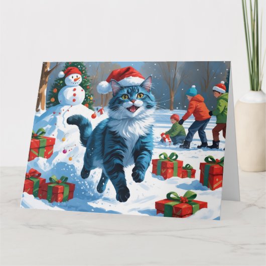 Oosters Blauwe Kat Zittend In Sneeuwkerst Pet Kaart (Voorkant)