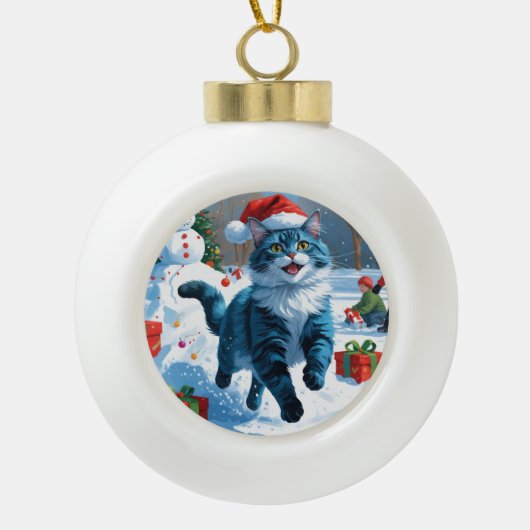 Oosters Blauwe Kat Zittend In Sneeuwkerst Pet Keramische Bal Ornament (Voorkant)