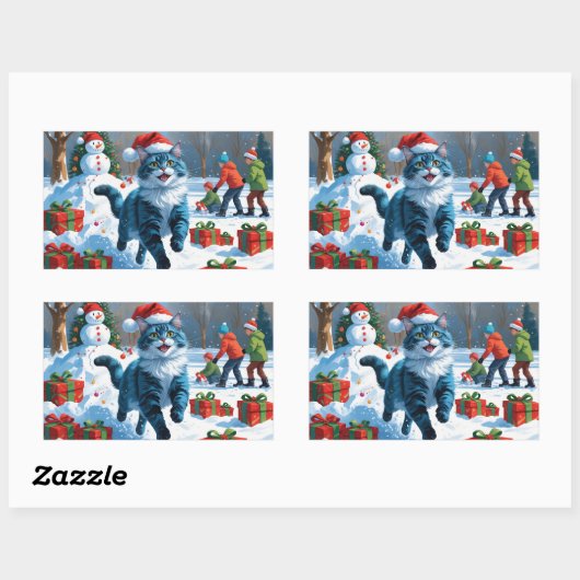 Oosters Blauwe Kat Zittend In Sneeuwkerst Pet Rechthoekige Sticker (Vel)