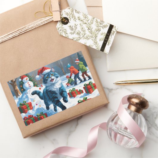 Oosters Blauwe Kat Zittend In Sneeuwkerst Pet Rechthoekige Sticker (Geschenken)